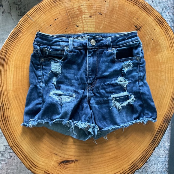 American Eagle Curvy Hi Rise Shortie Shorts Sz 10 Destructed Stretch - Picture 1 of 7
